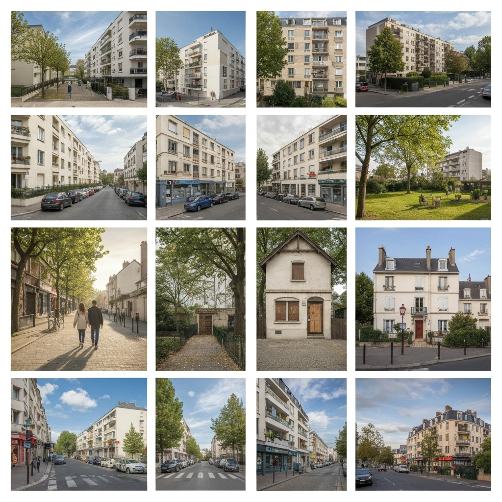 Vue aérienne du quartier Pereire à Paris 17 avec des indications de prix au mètre carré