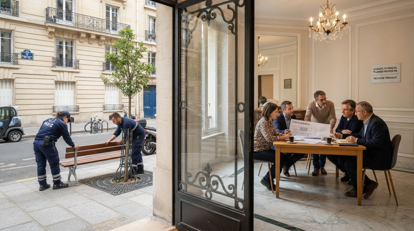 Réunion de copropriétaires dans un hall d’immeuble, agents municipaux intervenant sur le trottoir à l’extérieur