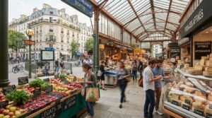 Marché couvert animé avec passants et station de métro dans un cadre urbain végétalisé.
