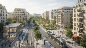 Scène urbaine avec parc, station de métro, pistes cyclables et immeubles résidentiels.