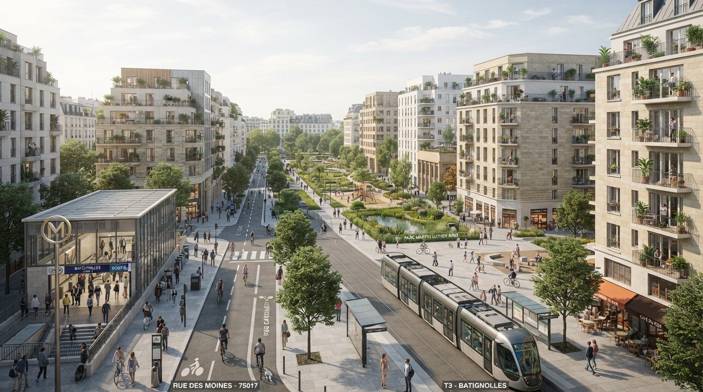 Scène urbaine avec parc, station de métro, pistes cyclables et immeubles résidentiels.