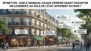 Scène de vie urbaine dans un quartier résidentiel dense avec immeuble, avenue et végétation modérée.